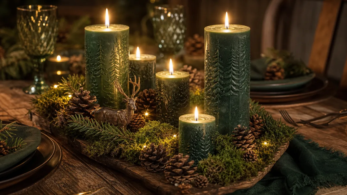 a festive wooden tablescape with dark green forest candles surrounded by pine…