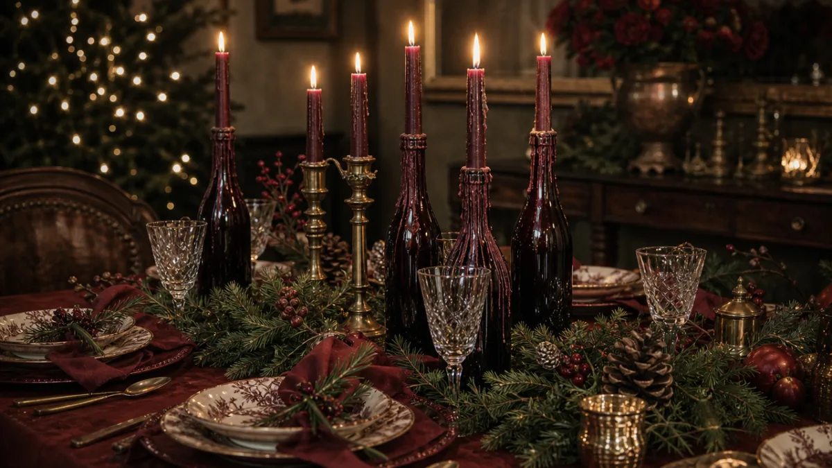a dramatic vintage Christmas tablescape with deep red wine-bottle candles and antique…