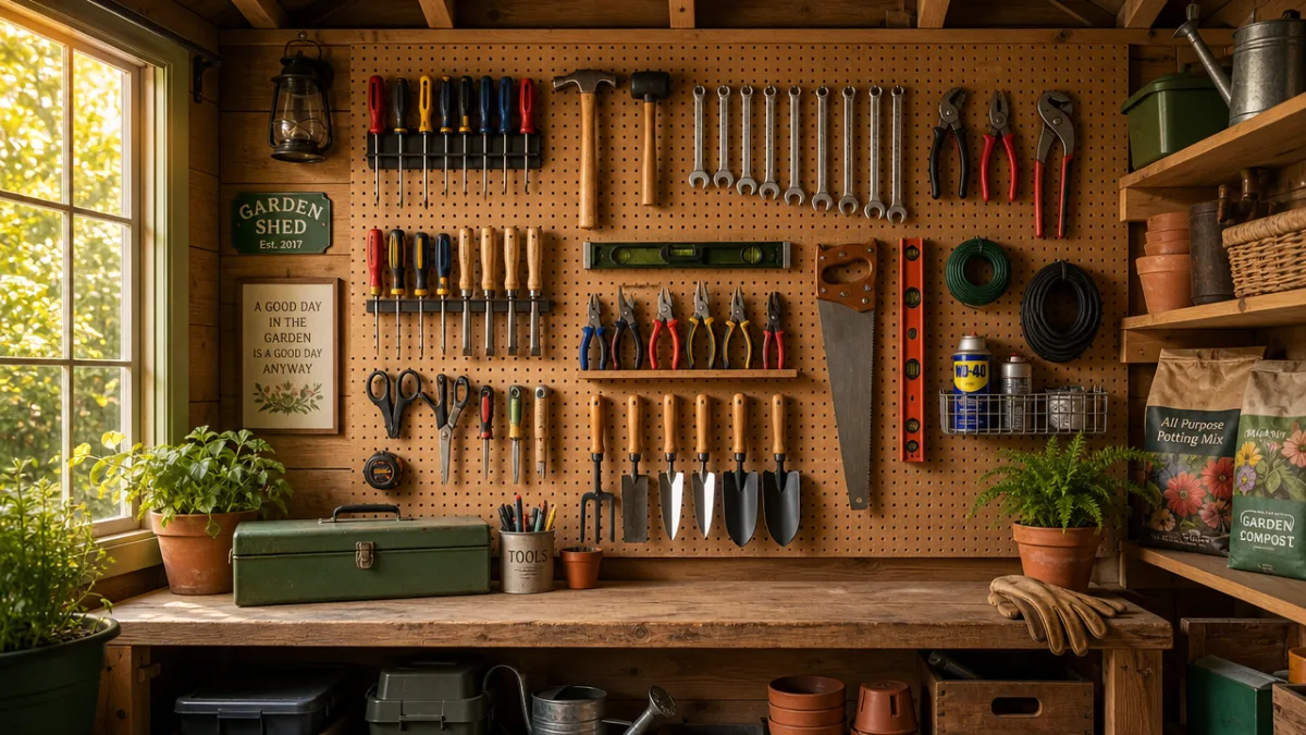 a well-lit garden shed interior with a fully organized pegboard wall covered…
