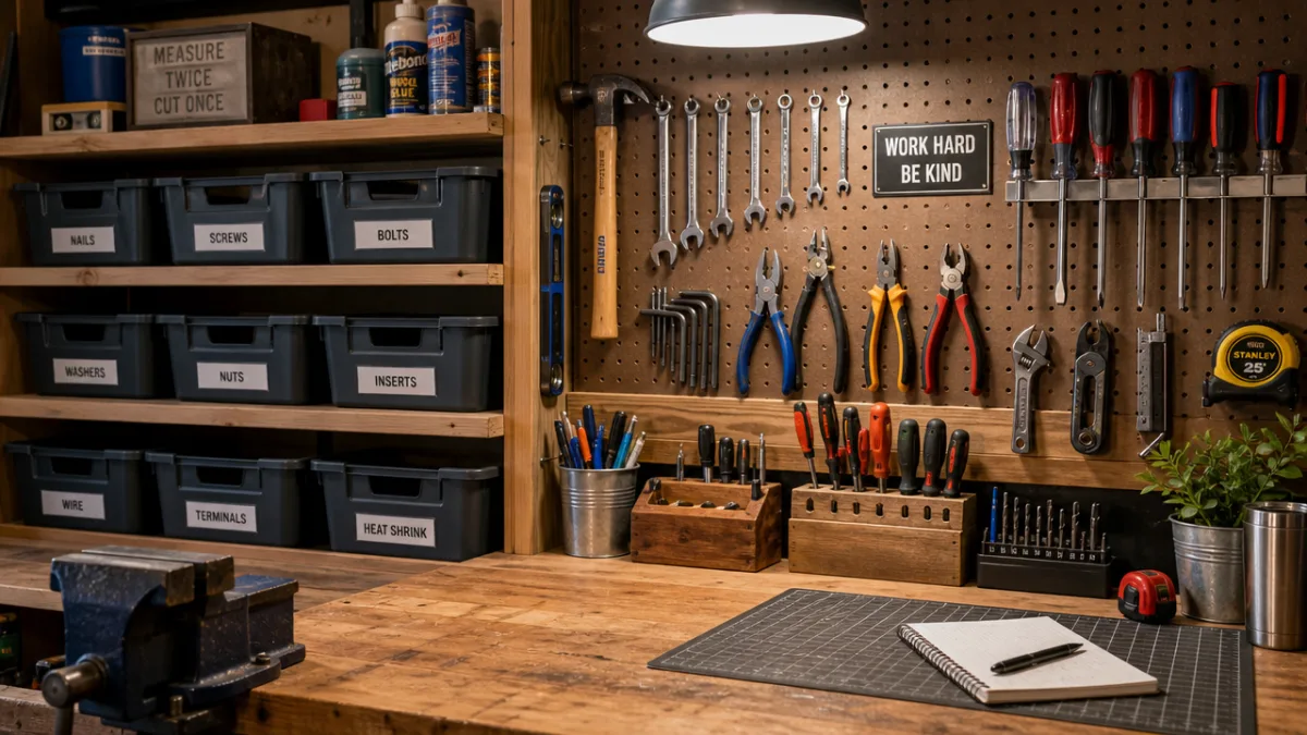 a close-up of an organized workbench in a shed with labeled bins,…