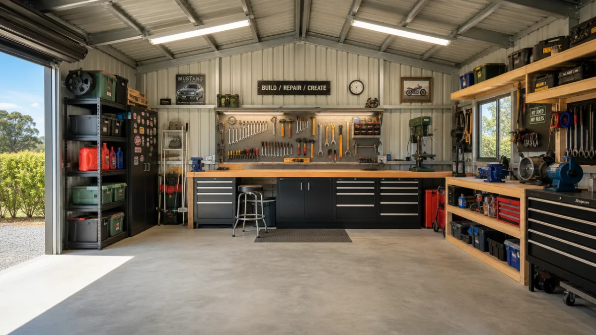a spacious shed workshop with a tidy custom workbench, organized shelves, and…