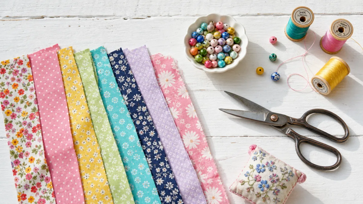 a flat lay of colorful fabric strips, scissors, beads, and thread on…