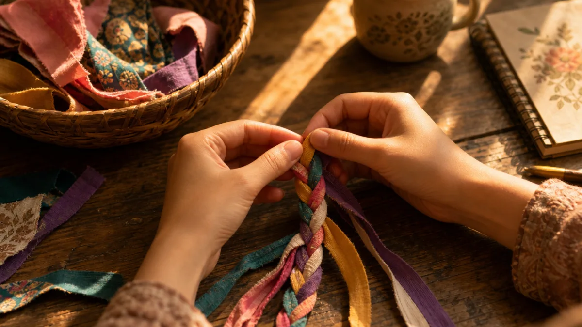 hands carefully braiding colorful fabric strips together on a wooden desk, warm…