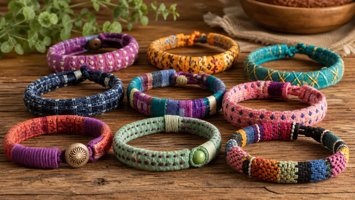 a finished collection of colorful handmade fabric bracelets displayed on a rustic…