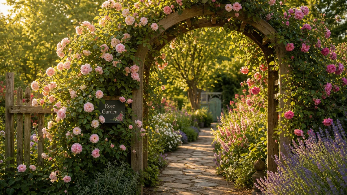 a lush garden pathway with a wooden arch trellis covered in climbing…