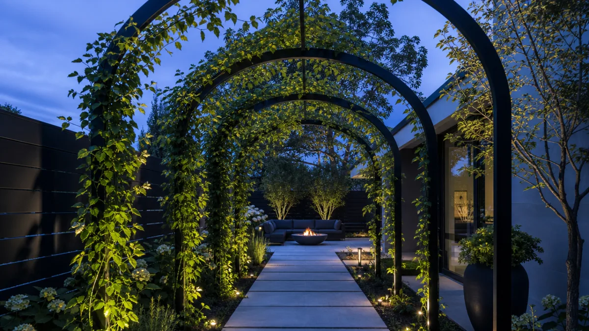 a modern garden with sleek black metal arch trellis covered in green…