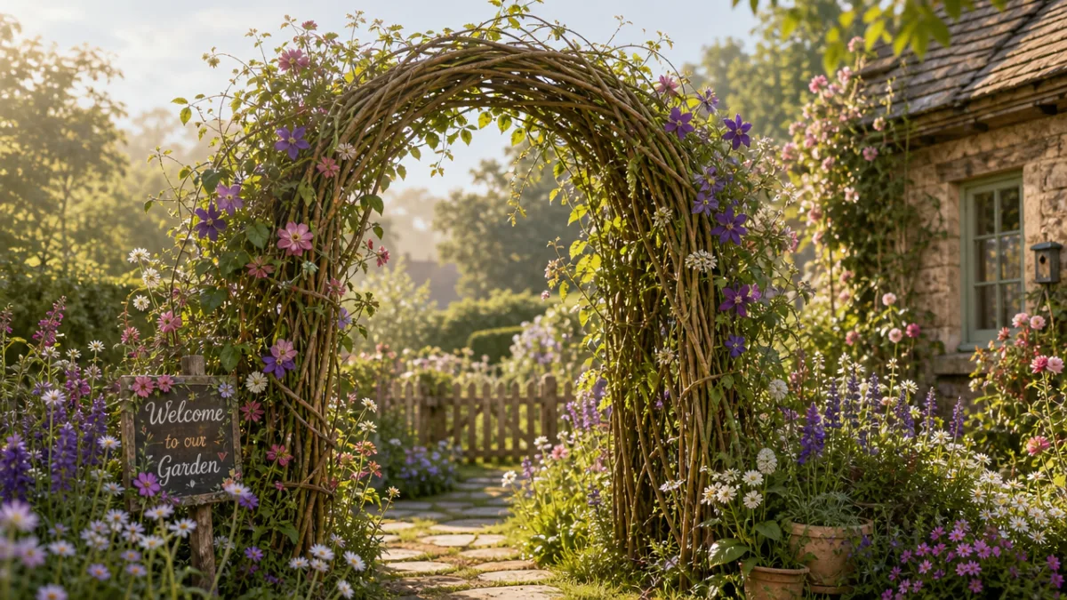 a whimsical cottage garden arch trellis woven from willow branches with wildflowers…