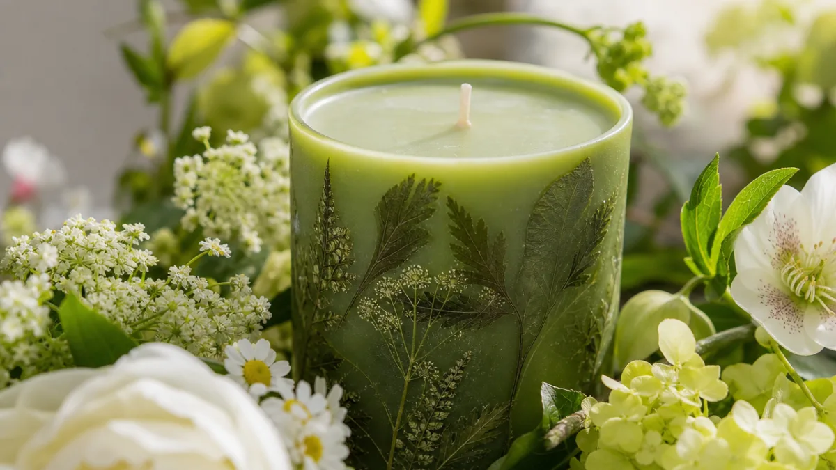 a close-up of a green botanical candle surrounded by fresh flowers and…
