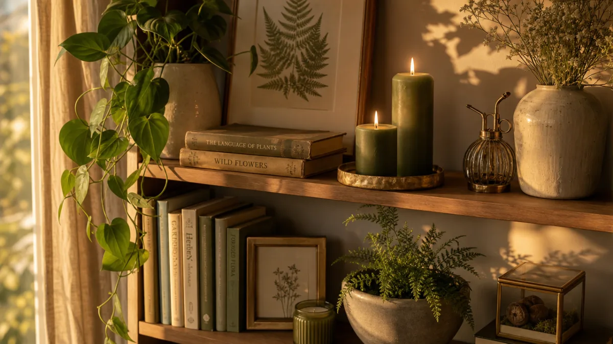 a styled home interior shelf with green candles and botanical decorations, warm…