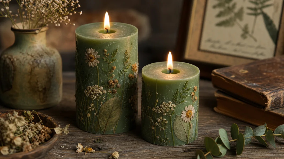 a pair of handcrafted green candles with pressed botanicals on a rustic…