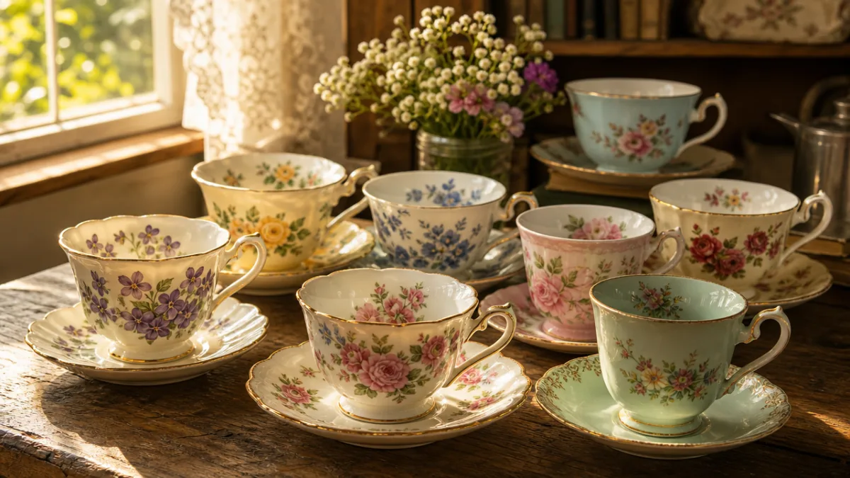 a collection of vintage floral teacups arranged on a rustic wooden table,…