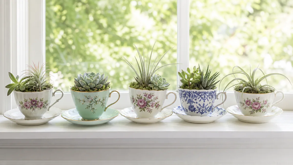 a row of vintage teacups filled with succulents and air plants arranged…