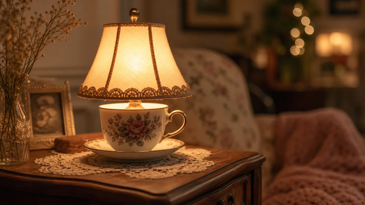 an artfully arranged teacup lamp glowing softly on a vintage wooden side…