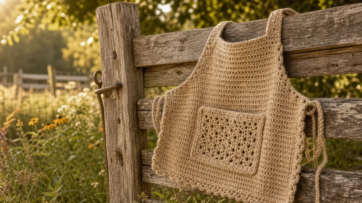 a handmade jute crochet apron draped over a rustic wooden fence in…