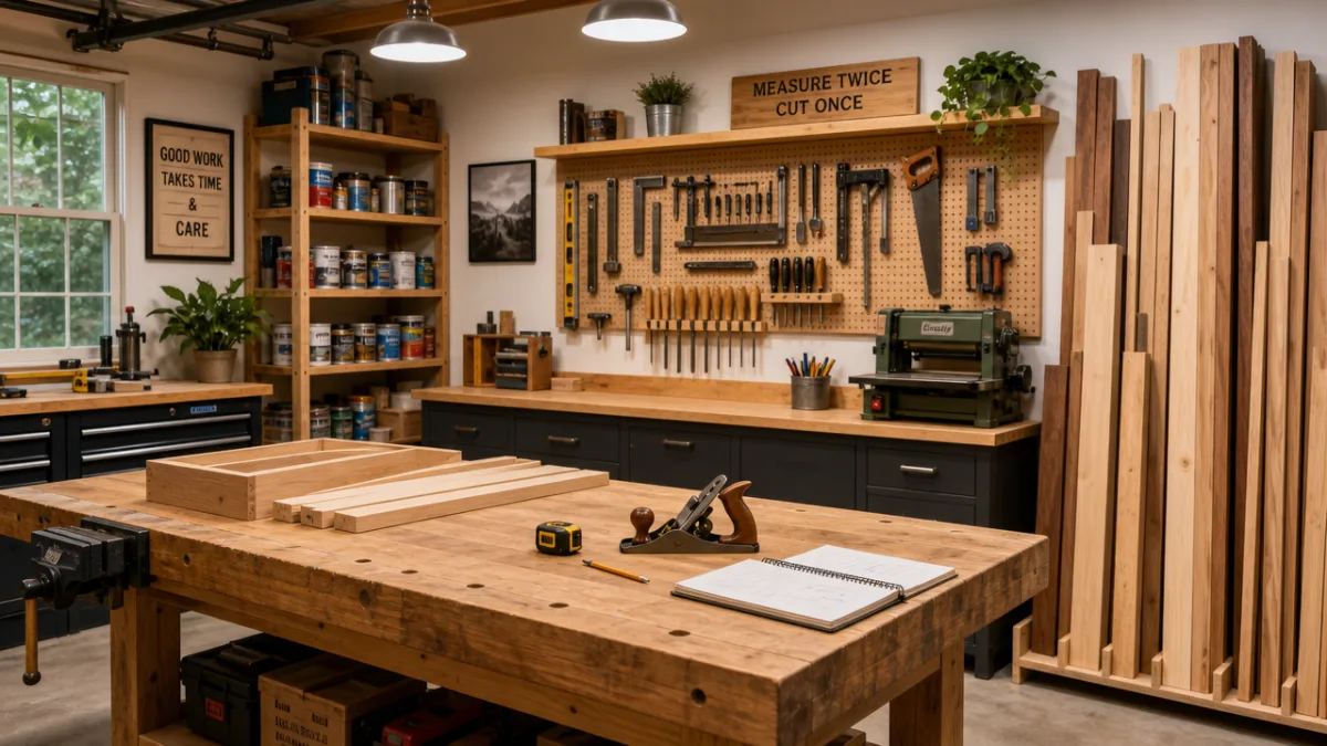 a well-lit garage workshop with lumber, paint cans, and woodworking tools arranged…