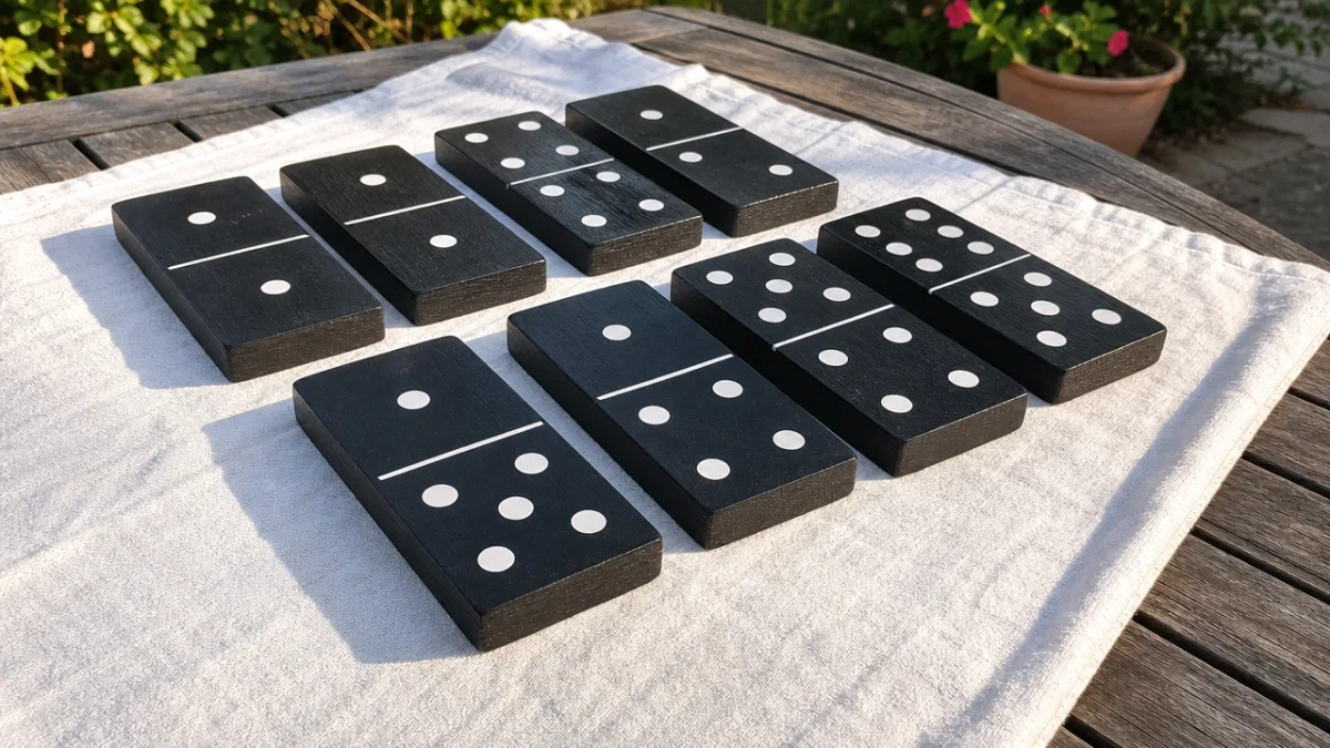 a set of large black wooden dominoes with crisp white pips drying…