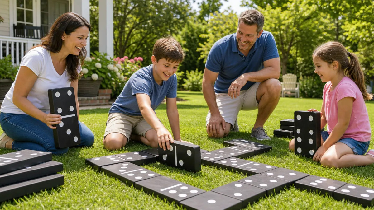 a family playing with oversized black dominoes on a sunny green lawn,…