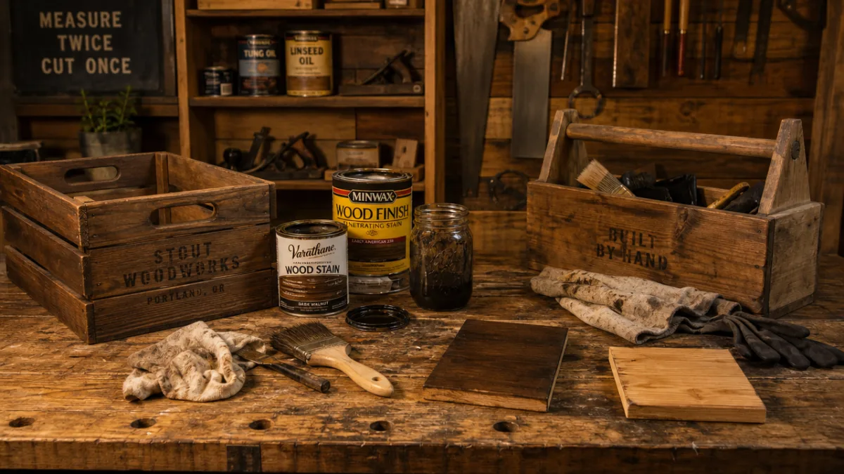 a rustic wooden workbench with staining supplies, crates, and tools laid out,…