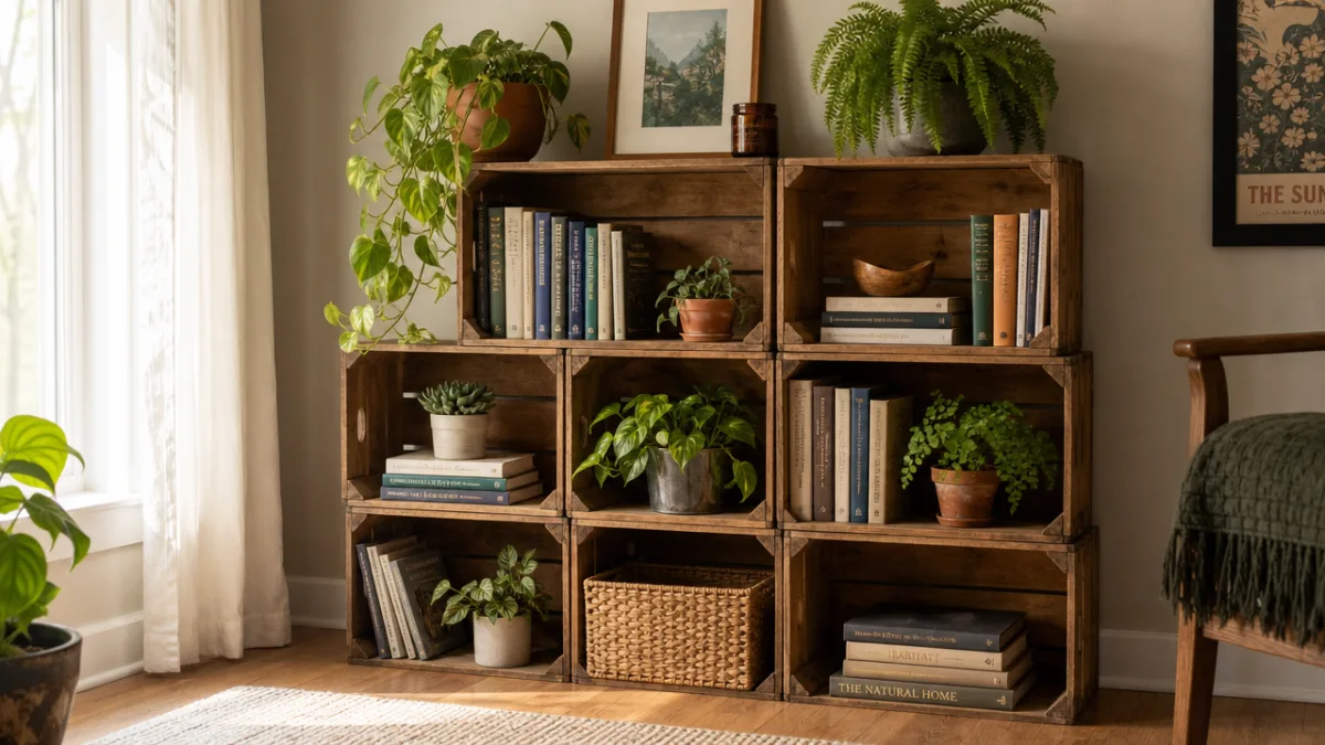 a beautifully finished wooden crate shelf displaying books and plants, soft natural…