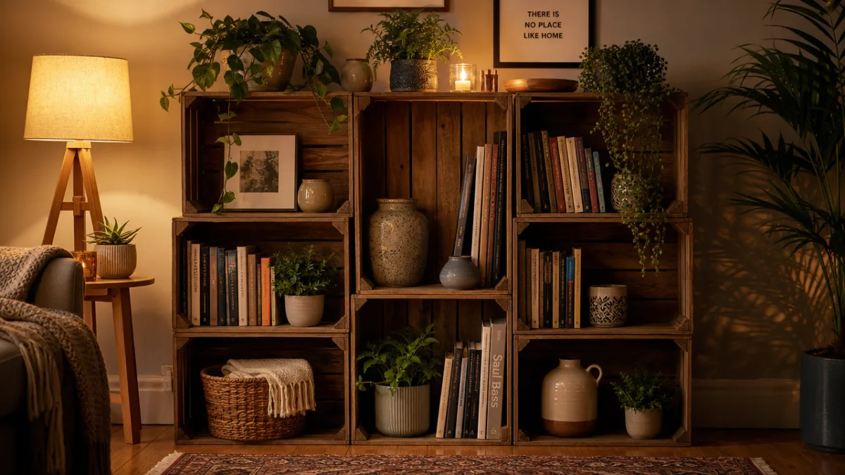 a styled wooden crate shelf with books, plants, and ceramics, cozy warm…
