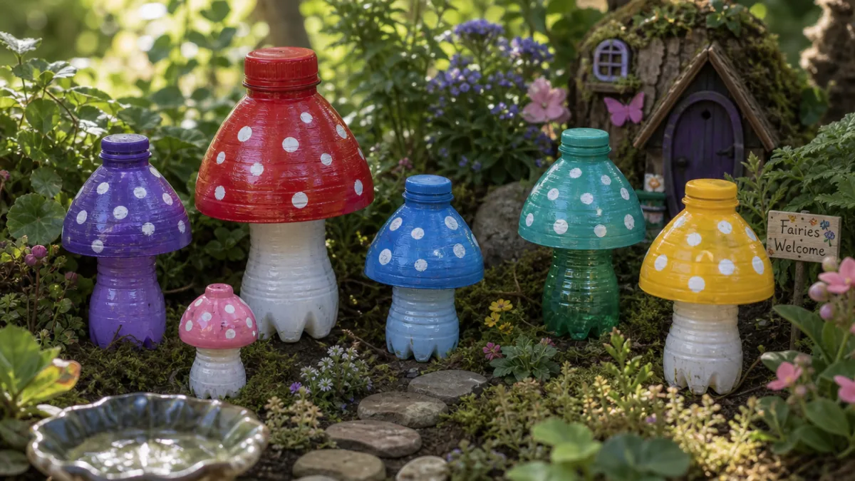 a whimsical arrangement of painted plastic bottle mushrooms in a fairy garden…