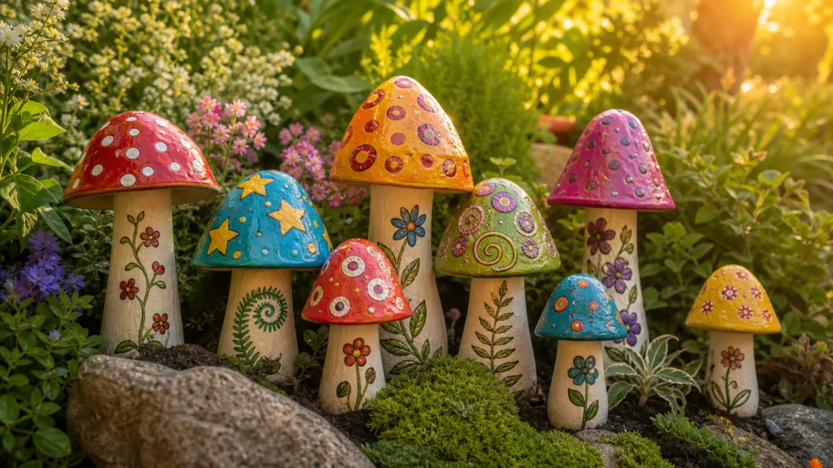 colorful handmade mushroom decorations displayed in a lush green garden setting, warm…