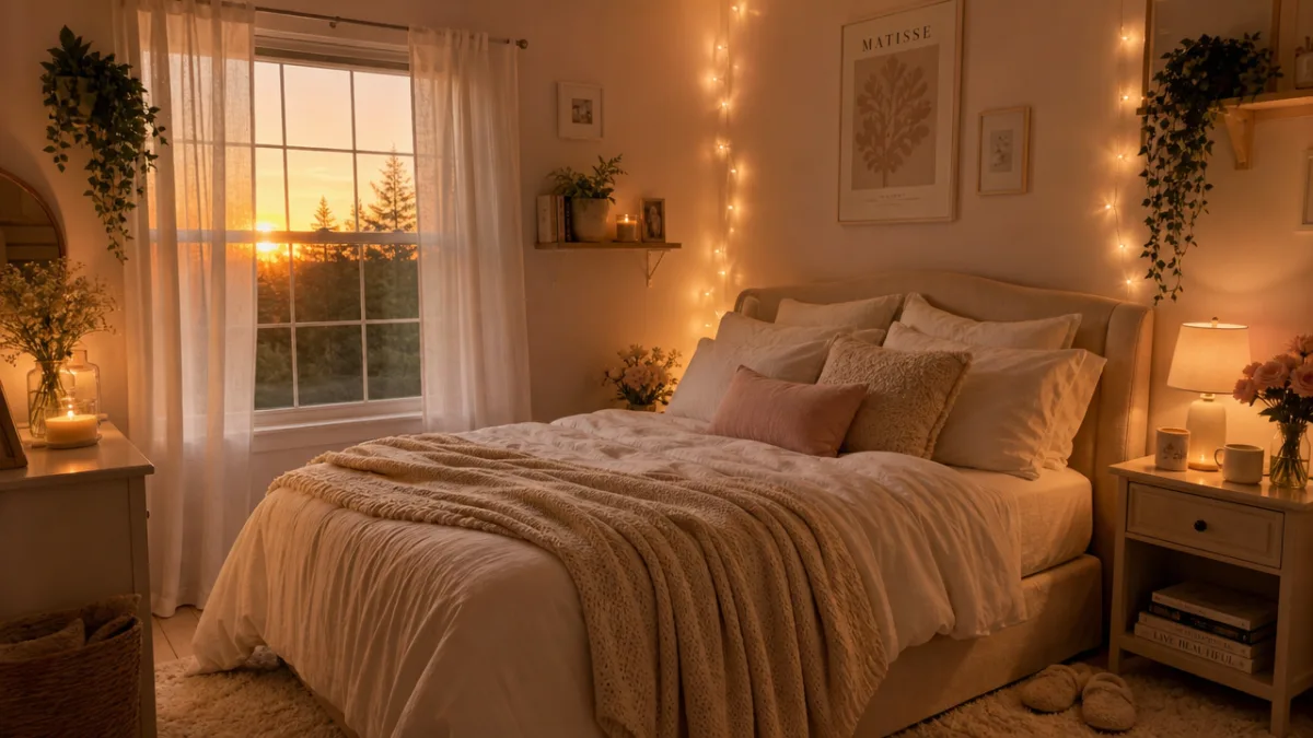 a cozy aesthetic bedroom with soft pastel walls, warm fairy lights, and…