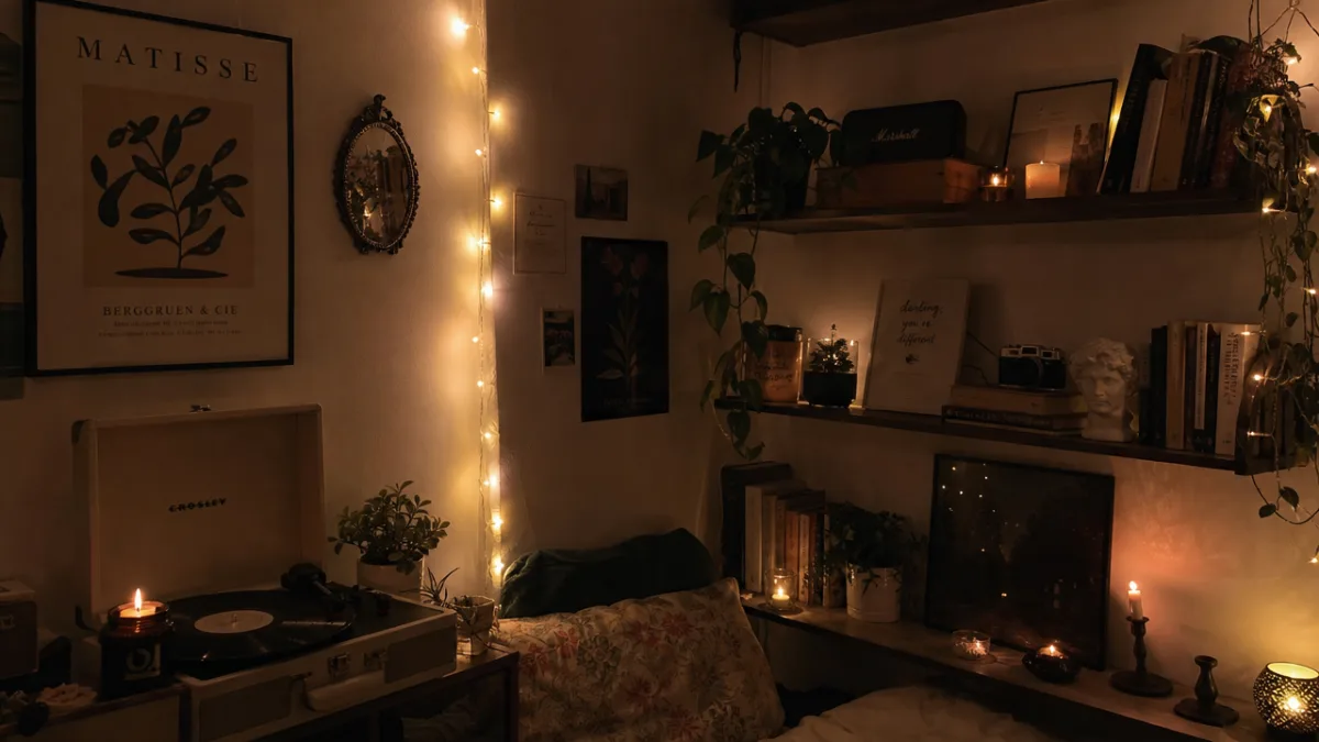 a moody aesthetic room corner with warm fairy lights, layered shelving, and…