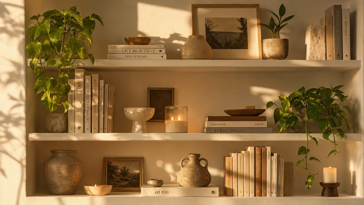 a beautifully styled aesthetic shelf with plants, books, candles, and ceramic objects…