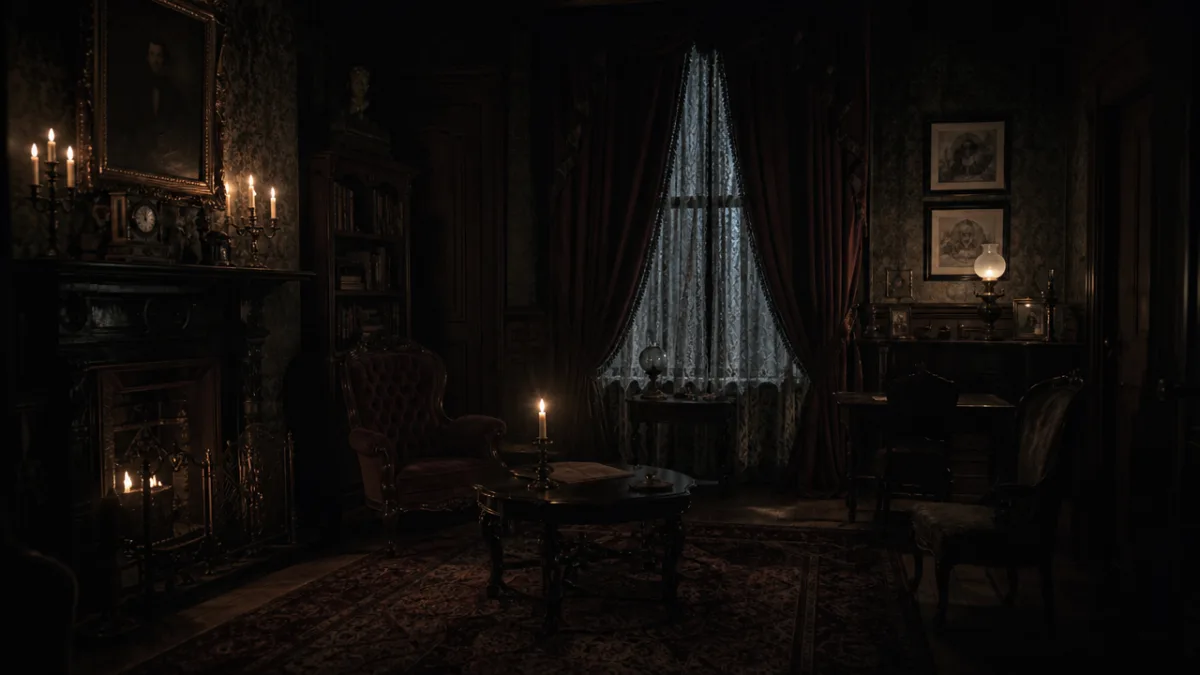 a dimly lit Victorian parlor with candles, dark wood furniture, and draped…