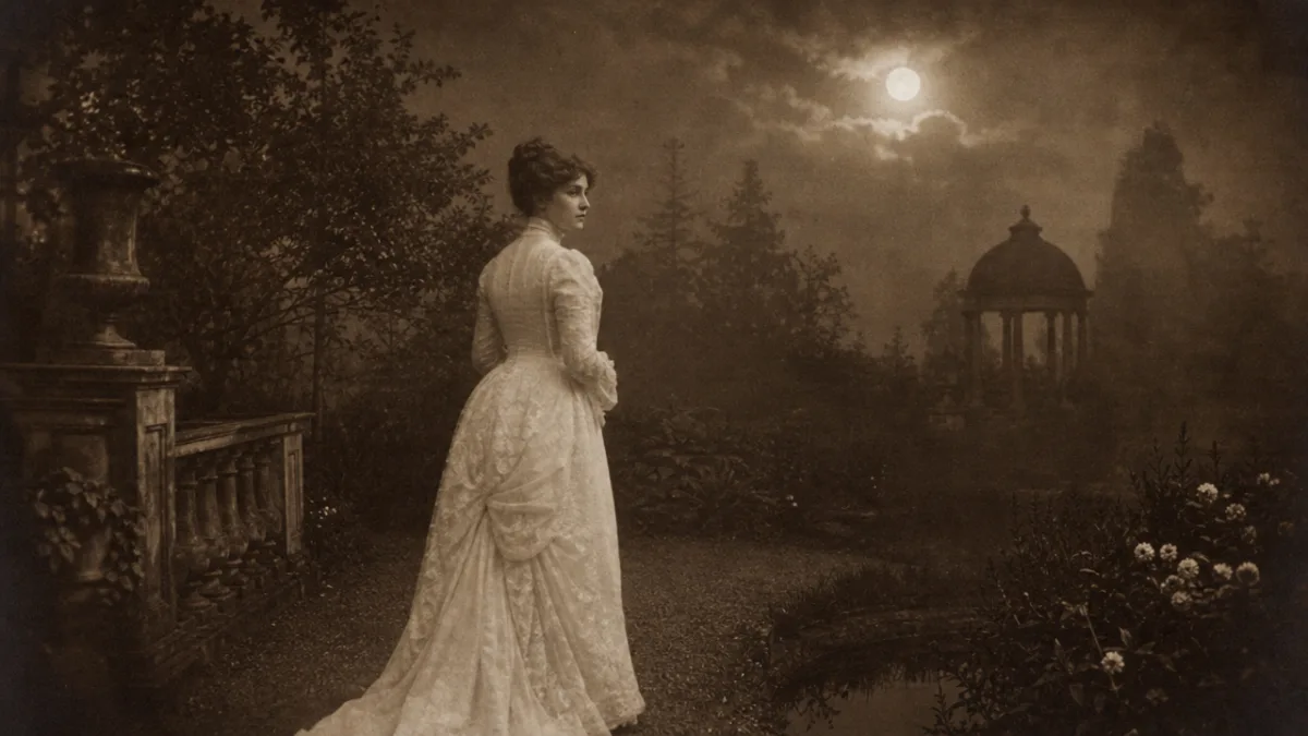 a Victorian woman in white dress photographed in sepia tones, standing in…