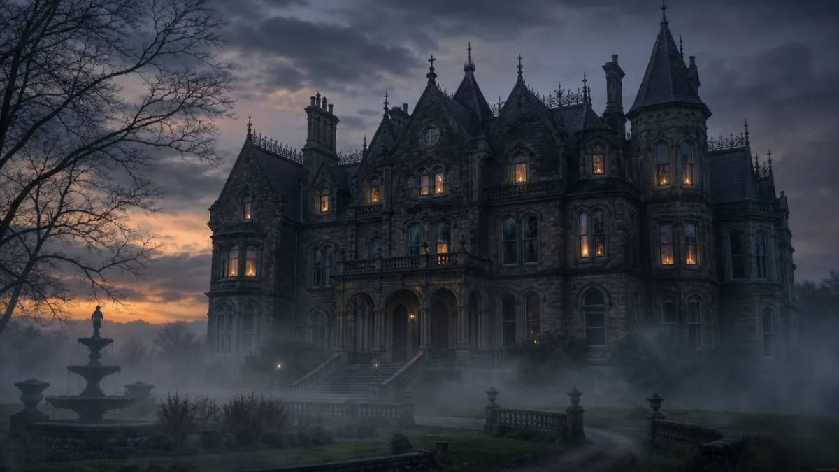 a grand Victorian manor house at dusk with fog rolling across the…