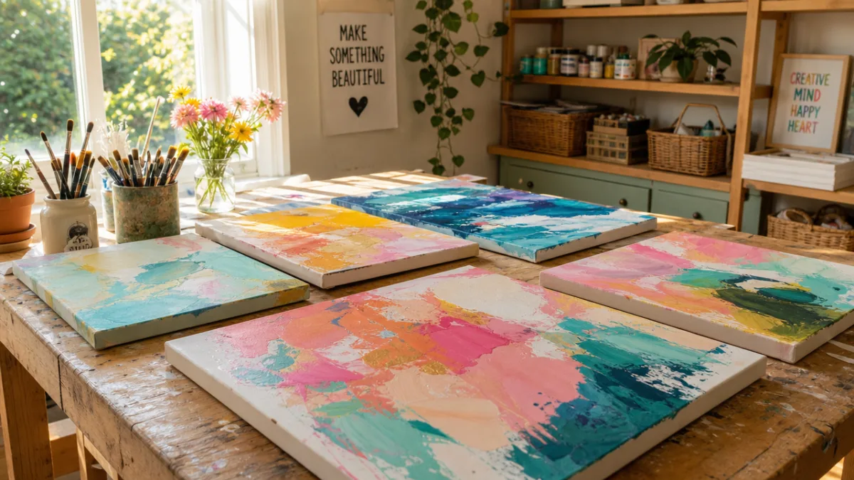 a sunlit craft room with colorful abstract canvases drying on a wooden…