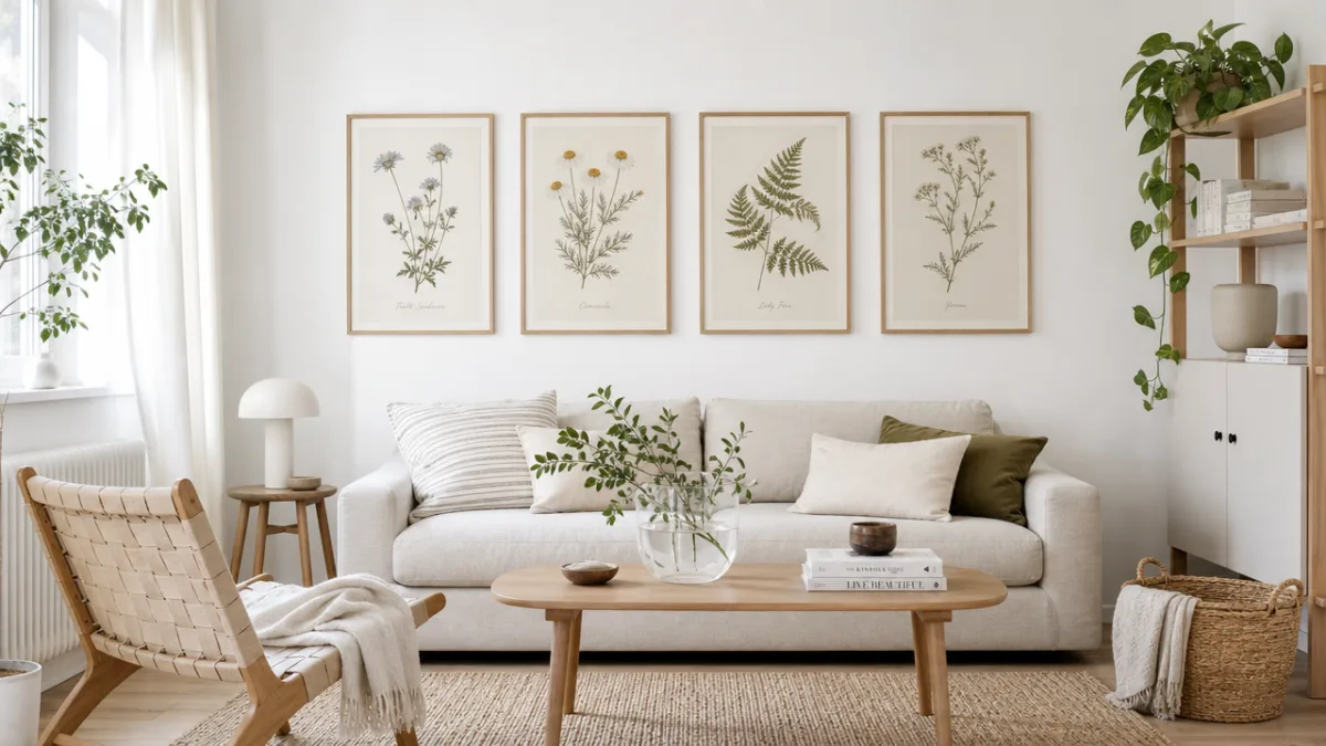 a bright Scandinavian-style living room featuring pressed botanical prints in simple frames…