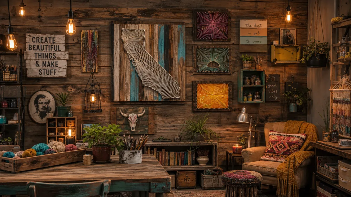 a cozy eclectic studio space with upcycled wall art and yarn string…