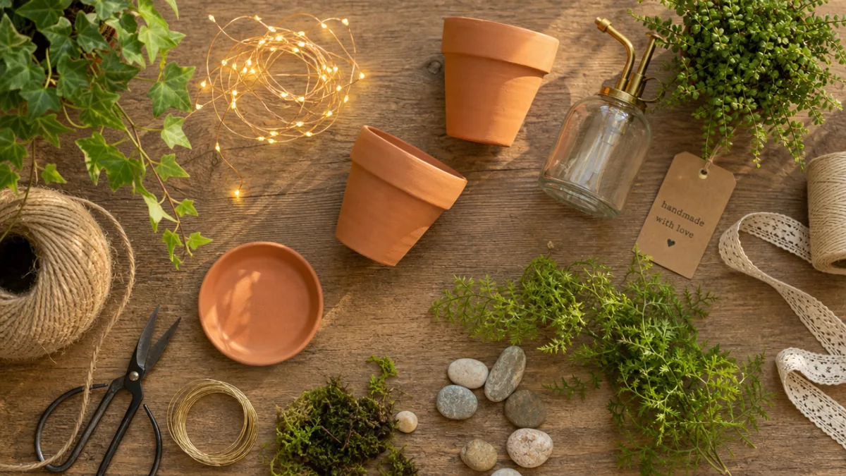 a flat lay of DIY craft supplies including fairy lights, terracotta pots,…