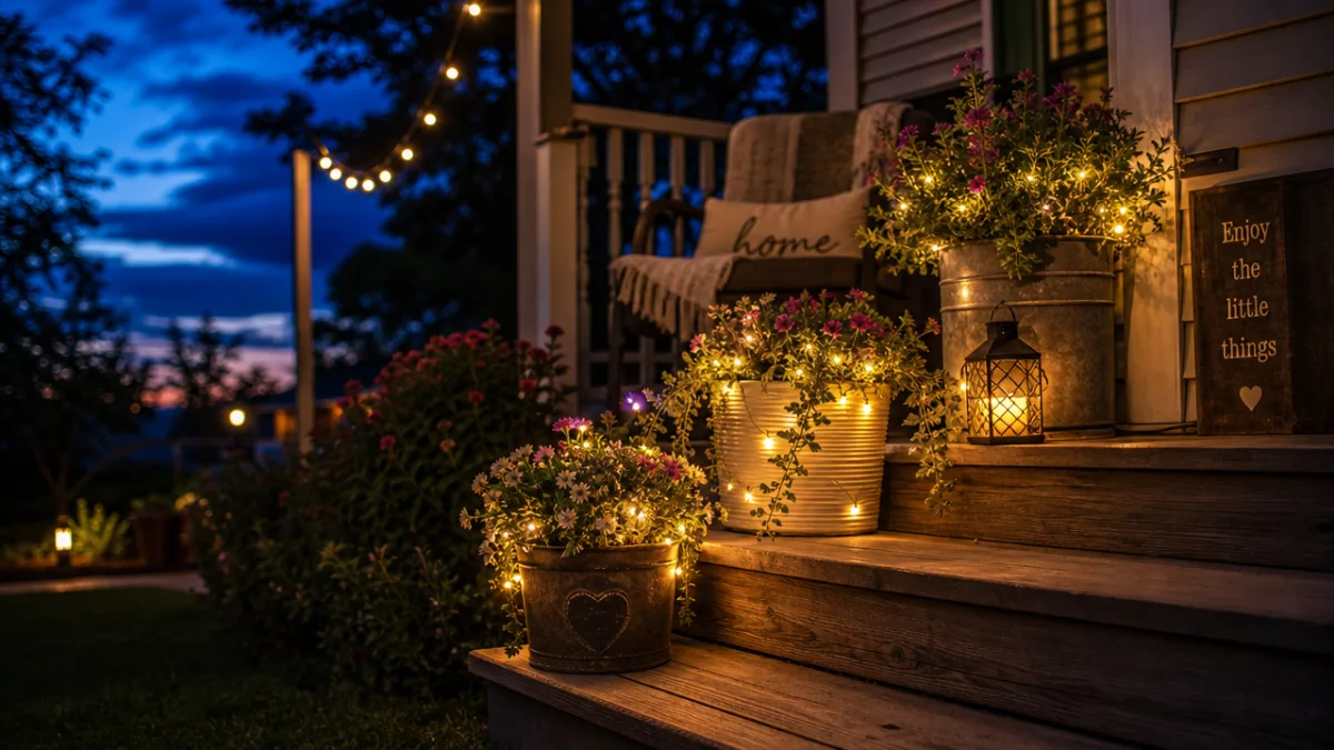 a cozy porch corner at twilight with glowing string light planters on…