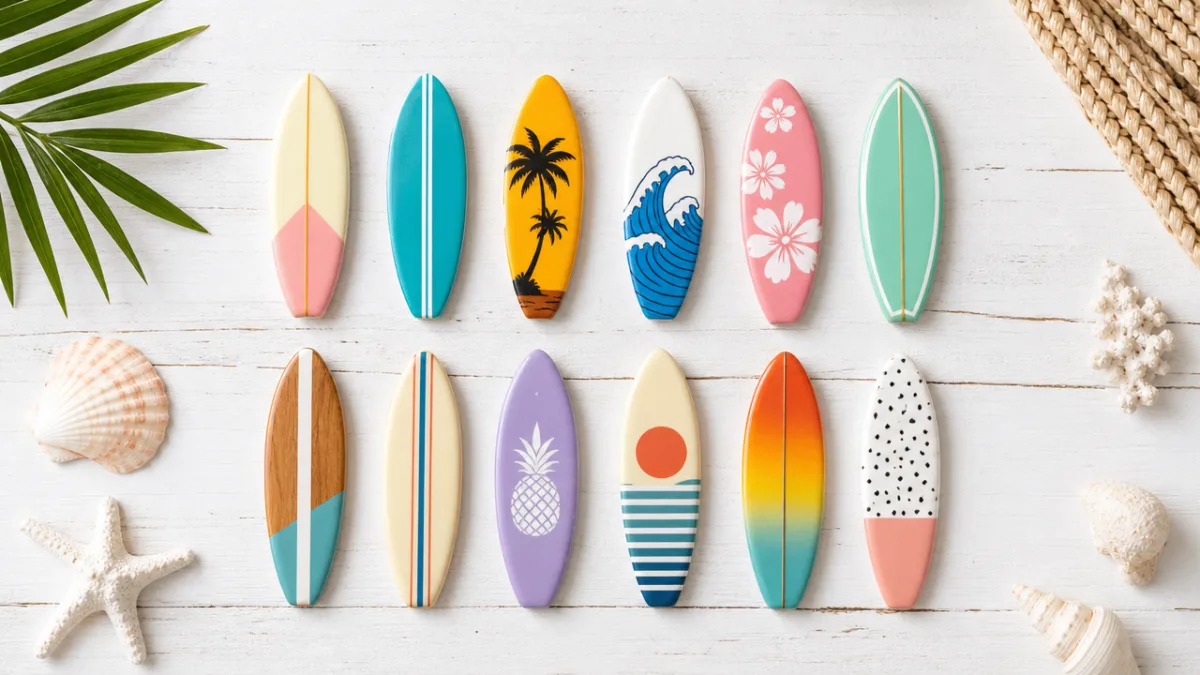 a flat lay of colorful miniature surfboards on a white wooden surface,…