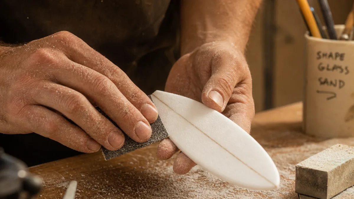 close-up of hands carefully sanding a tiny foam surfboard blank on a…