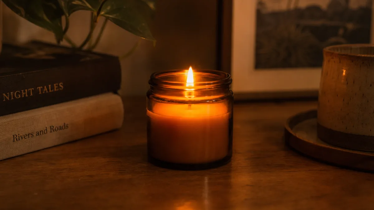 a small amber glass candle glowing softly on a wooden surface, warm…