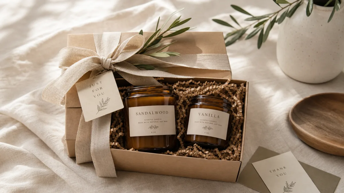 a beautifully wrapped amber candle gift set on a light linen surface,…