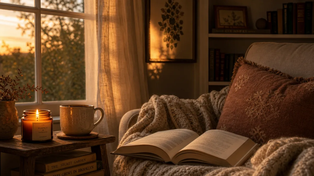 a cozy reading nook with a lit amber candle, soft blanket, and…