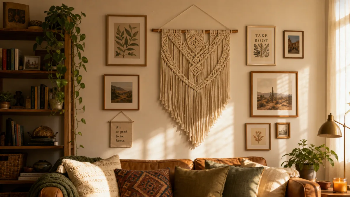 a cozy living room wall featuring a handmade macrame hanging and gallery…