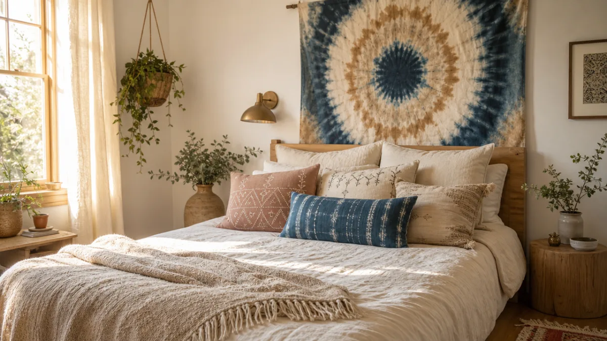 a sunlit bedroom with handmade throw pillows, tie-dye textile art, and soft…