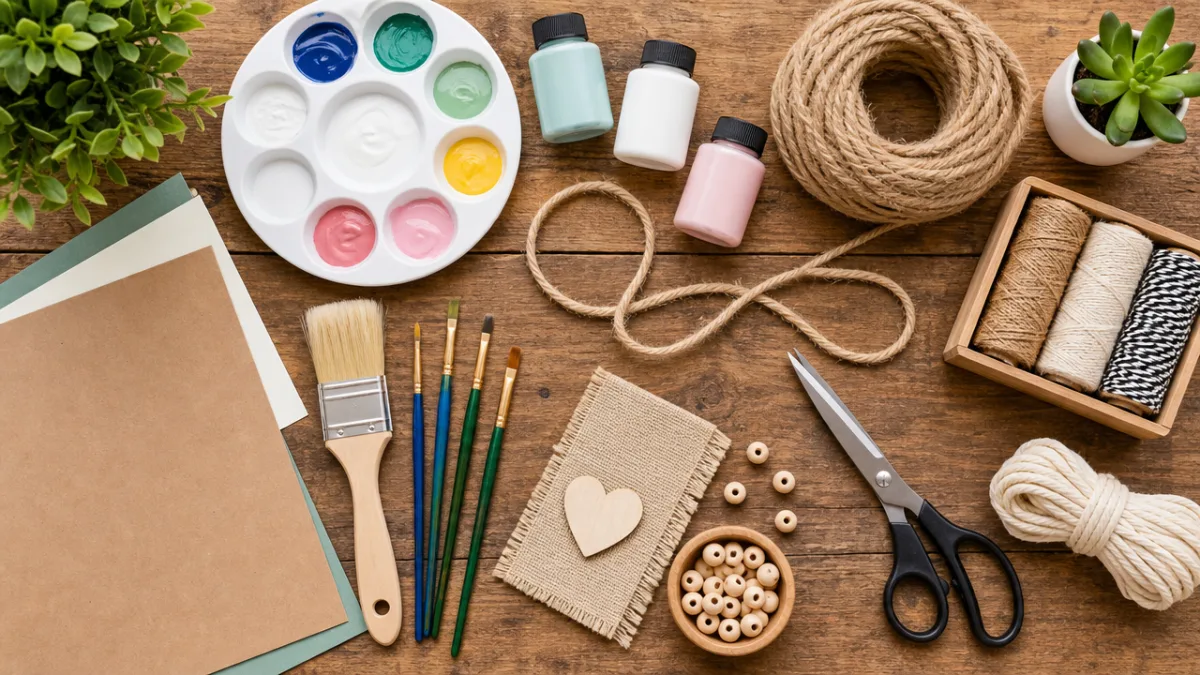 a flat lay of DIY crafting supplies including paint, brushes, rope, and…