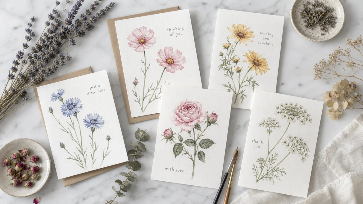 a flat lay of botanical greeting cards with watercolor flowers, dried herbs,…