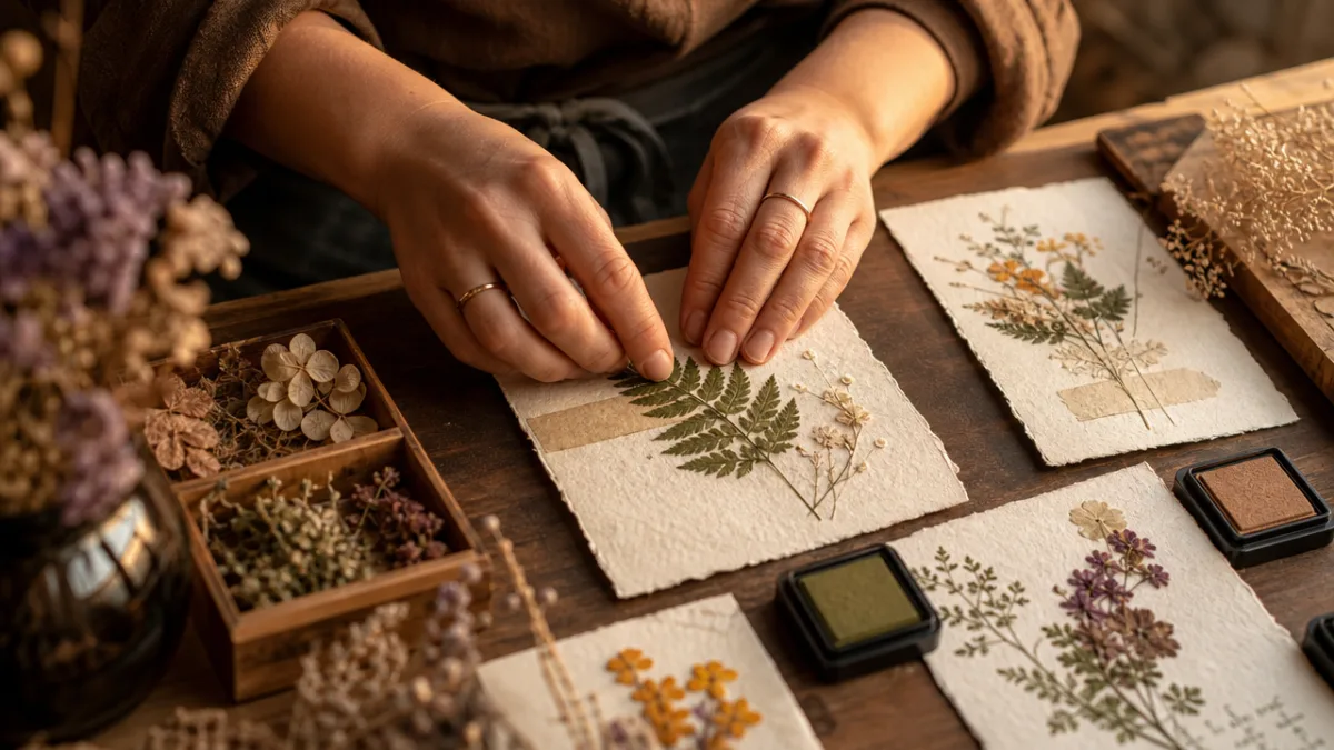 close-up of hands pressing botanical leaves onto handmade cards, surrounded by dried…