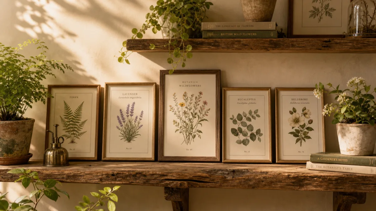 an elegant display of framed botanical cards on a rustic wooden shelf…
