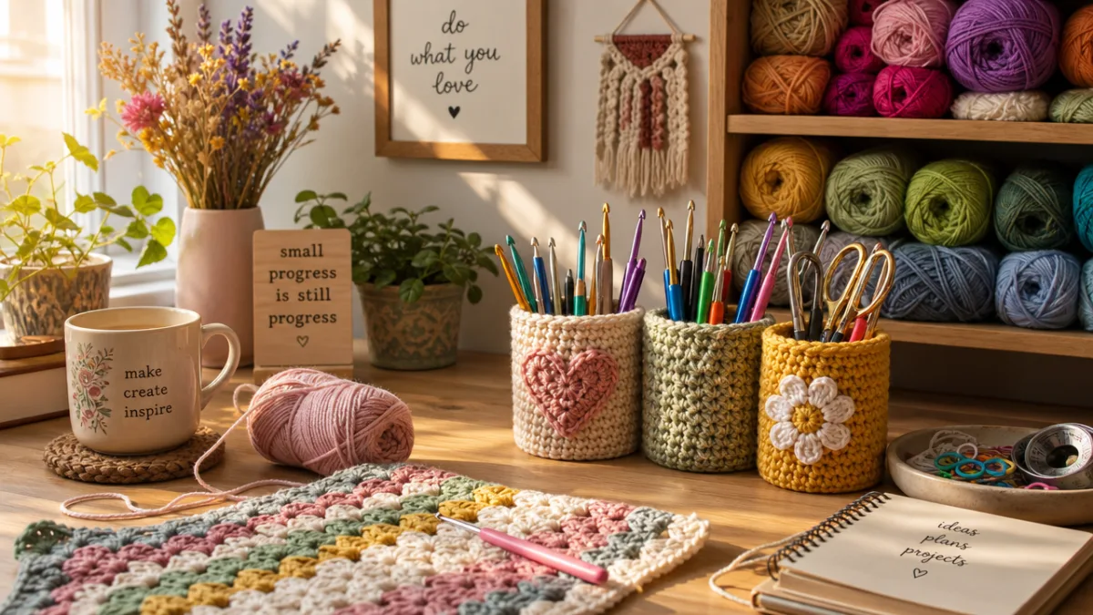 a cozy crafting workspace with colorful yarn skeins, crochet hooks, and handmade…