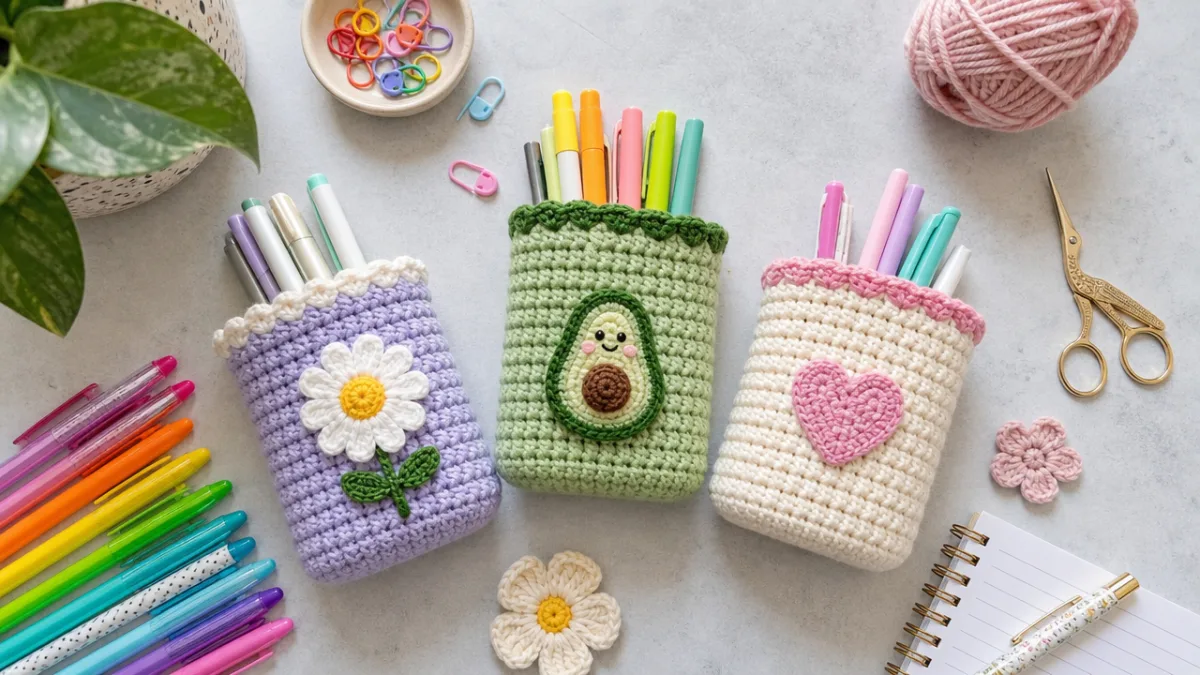 flat lay of finished crocheted pen holders surrounded by colorful pens and…